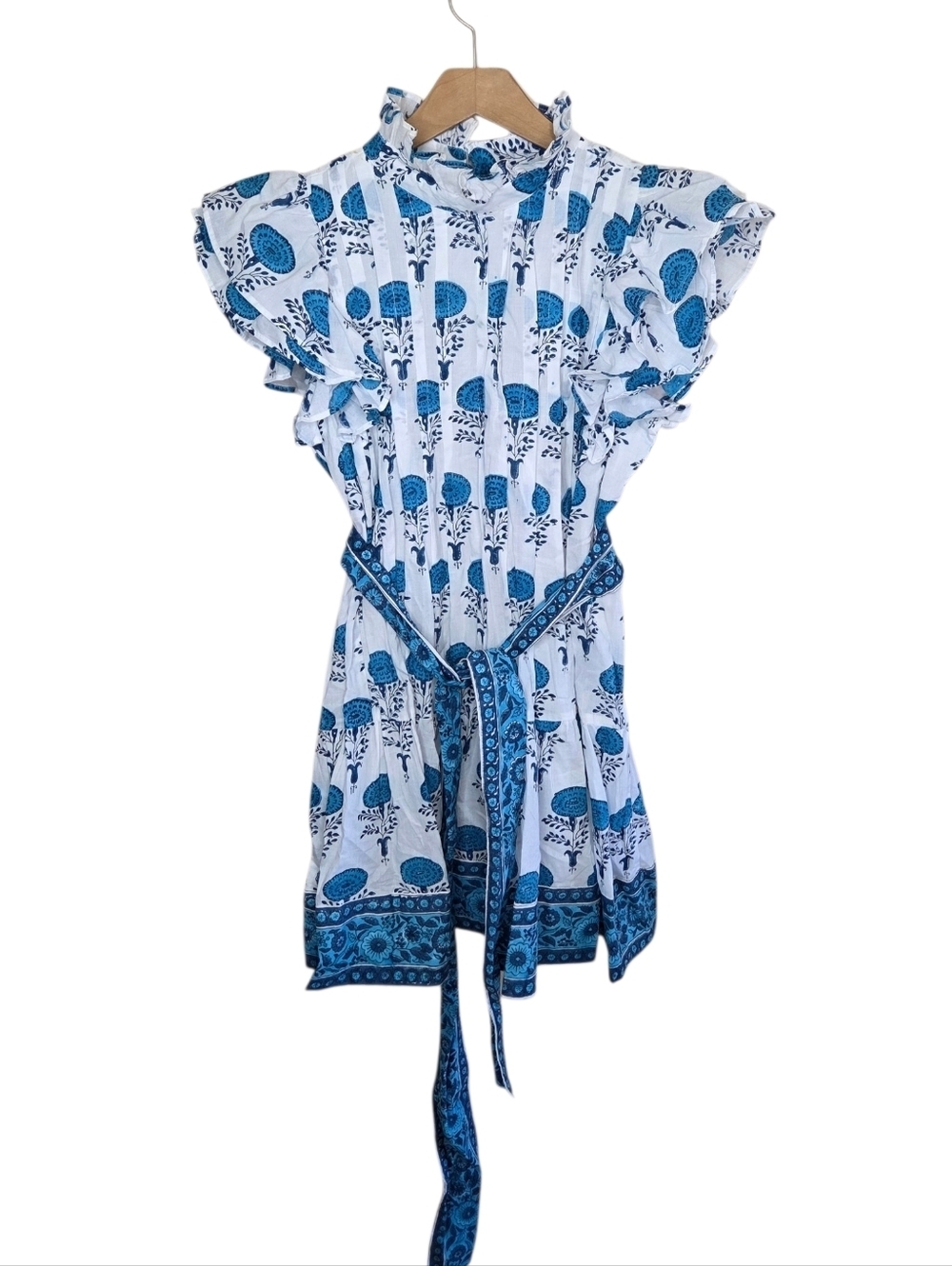 Victoria Dunn Blue Floral Block Print High Neck Ruffle Collar Dress Size XS